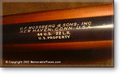 White lettering on a Mossberg Model 44 rifle. 
